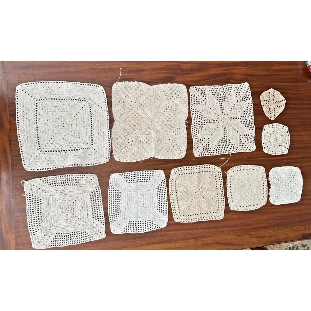 Vintage Crochet Granny Squares Lot 9 Handmade Cotton Motifs Mixed Sizes Cottage